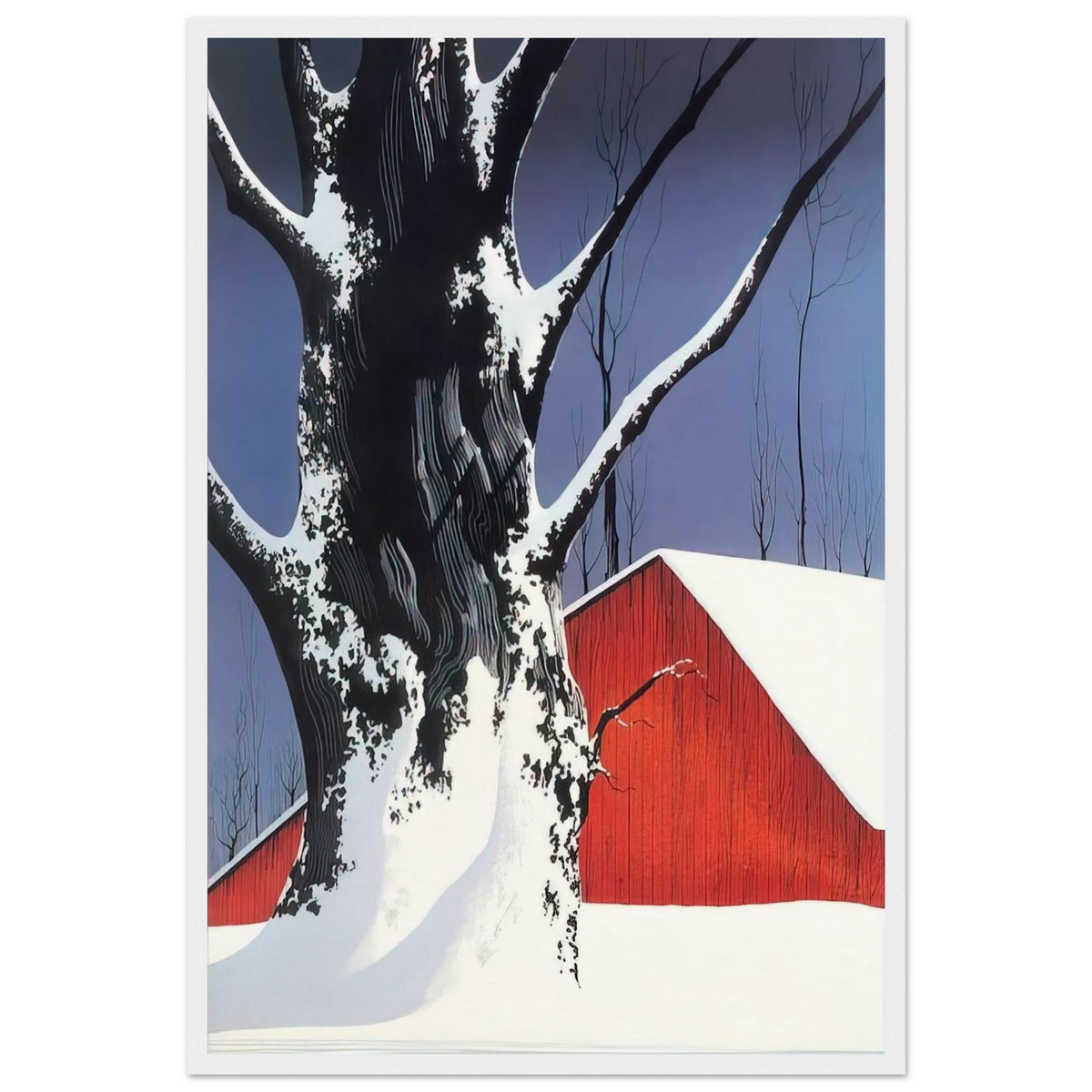 Red Barn and Tree Snow Framed Poster | Eyvind Earle Framed Prints Wall Art | Eyvind Earle Prints