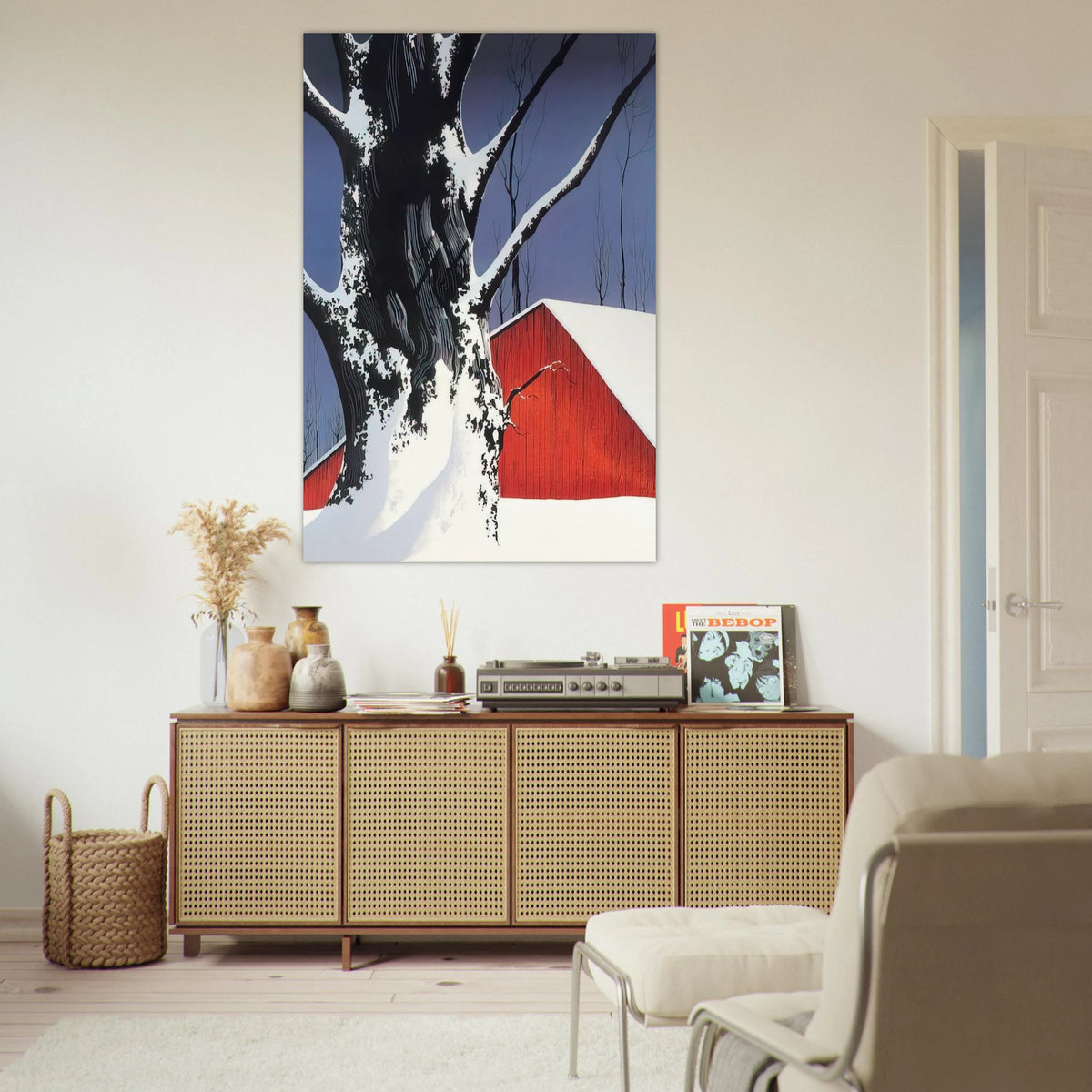 Red Barn and Tree Snow Poster | Eyvind Earle Poster | Eyvind Earle Prints