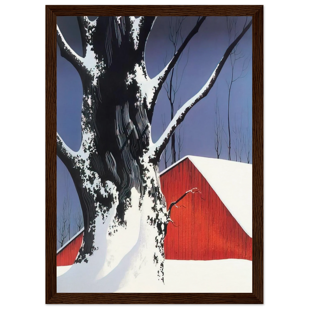 Red Barn and Tree Snow Framed Poster | Eyvind Earle Framed Prints Wall Art | Eyvind Earle Prints