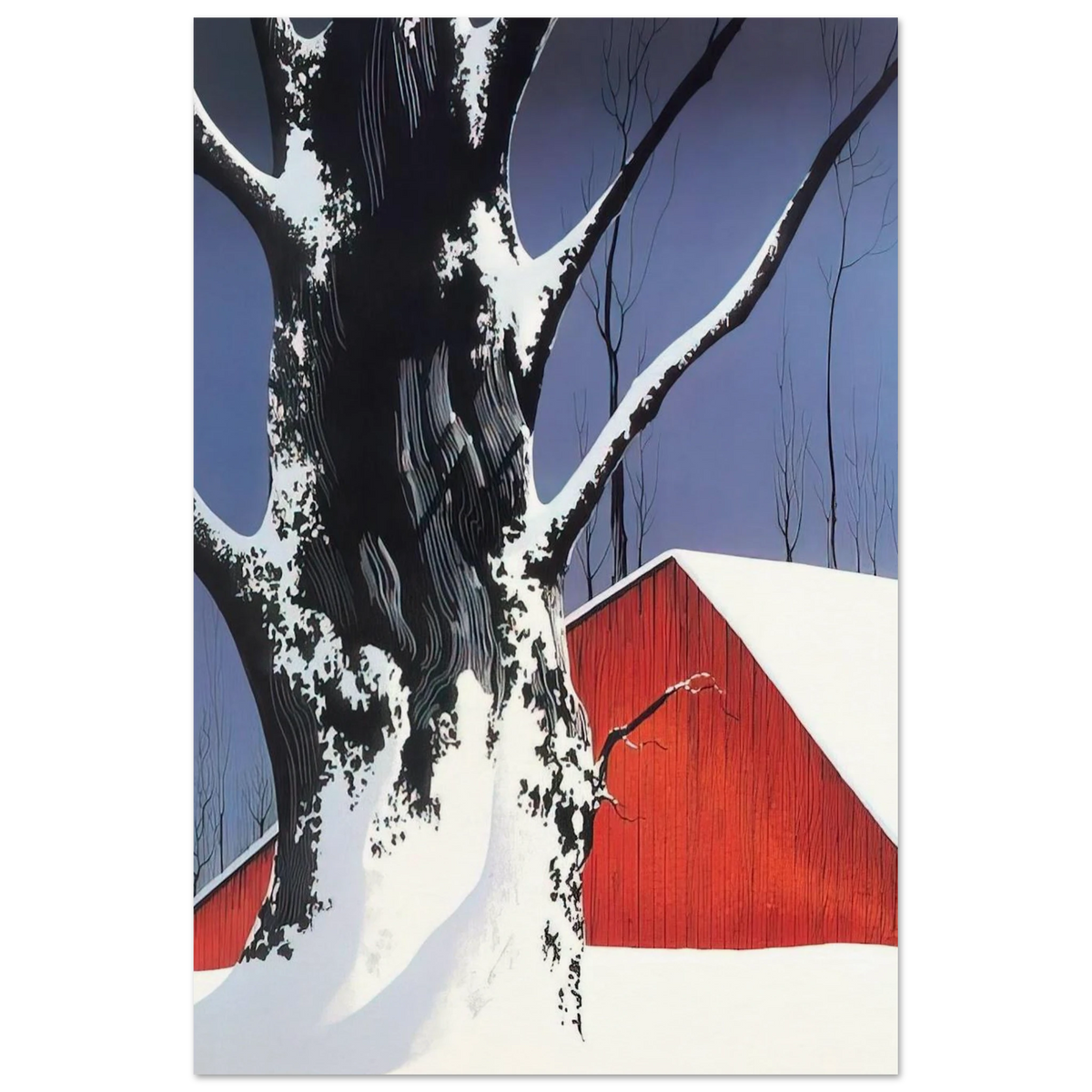 Red Barn and Tree Snow Poster | Eyvind Earle Poster | Eyvind Earle Prints