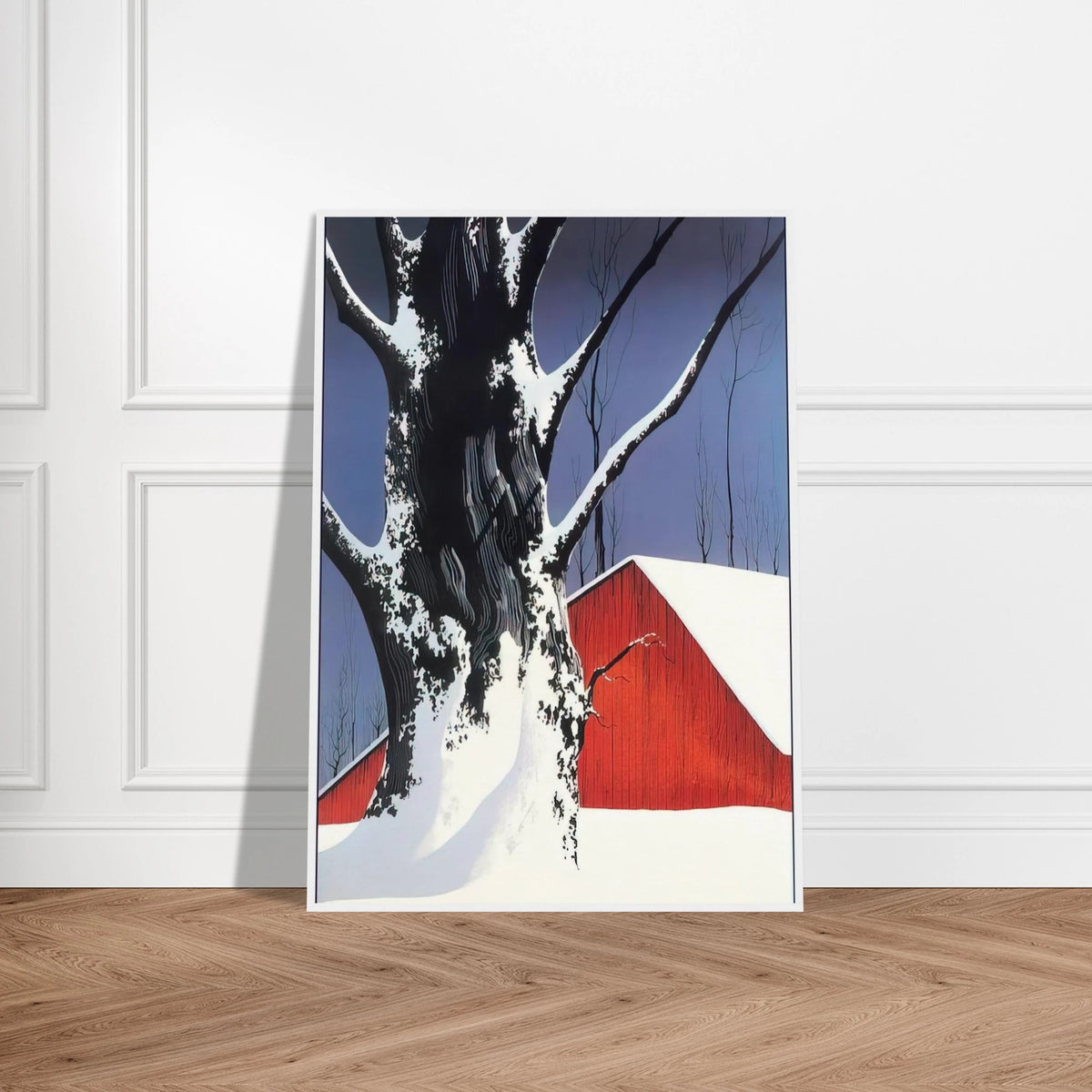 Red Barn and Tree Snow Framed Poster | Eyvind Earle Framed Prints Wall Art | Eyvind Earle Prints