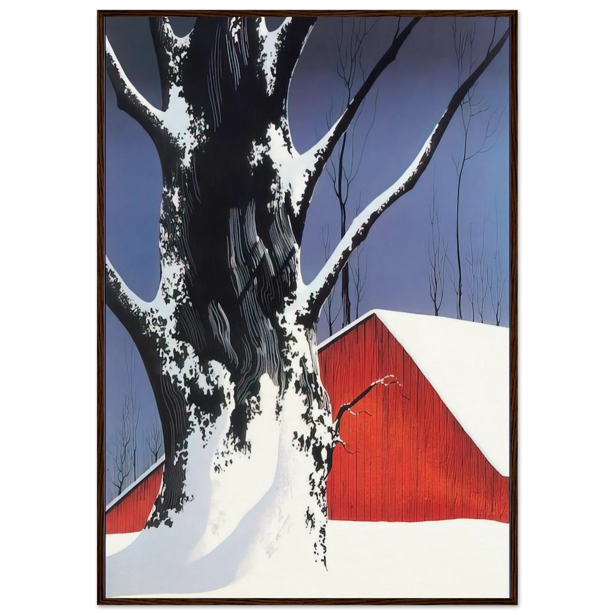 Red Barn and Tree Snow Framed Poster | Eyvind Earle Framed Prints Wall Art | Eyvind Earle Prints