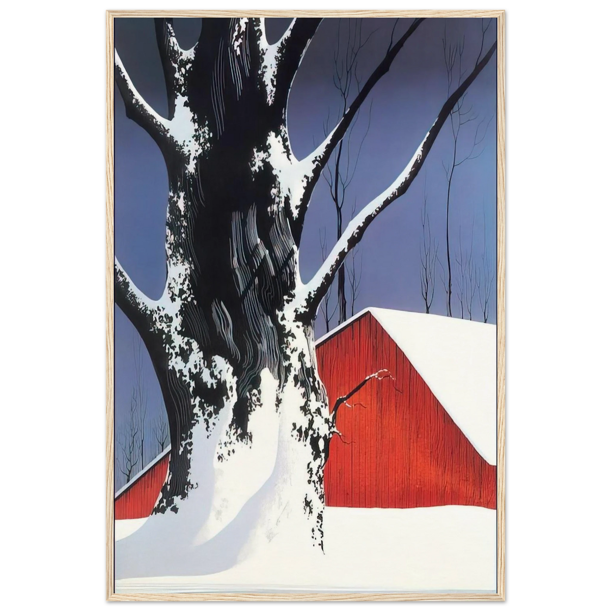 Red Barn and Tree Snow Framed Poster | Eyvind Earle Framed Prints Wall Art | Eyvind Earle Prints