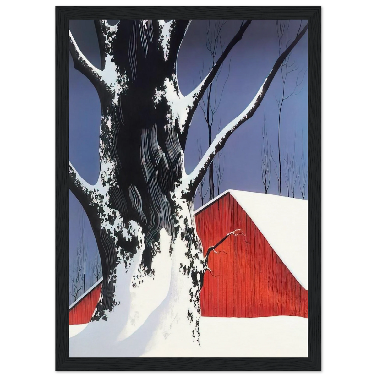 Red Barn and Tree Snow Framed Poster | Eyvind Earle Framed Prints Wall Art | Eyvind Earle Prints