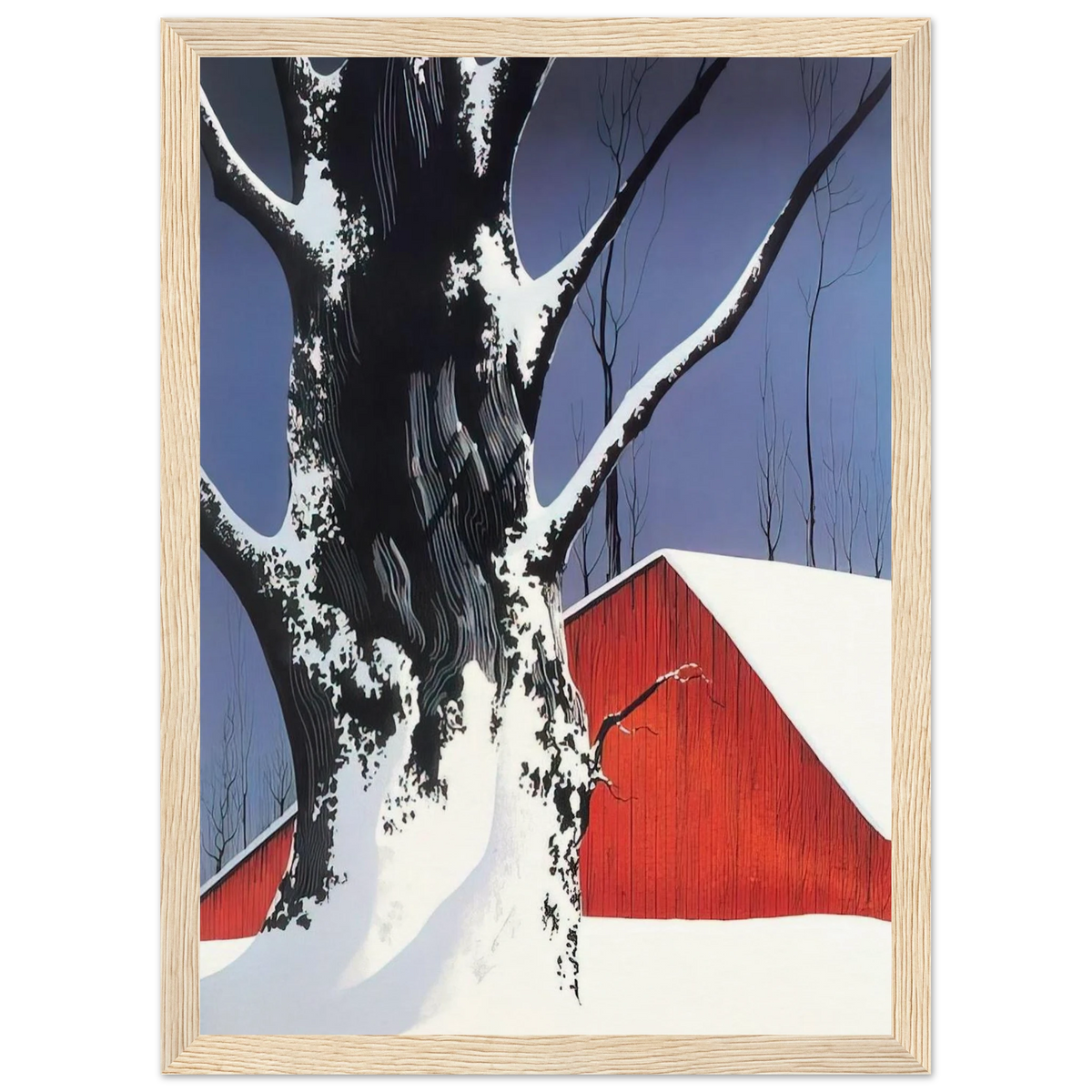 Red Barn and Tree Snow Framed Poster | Eyvind Earle Framed Prints Wall Art | Eyvind Earle Prints