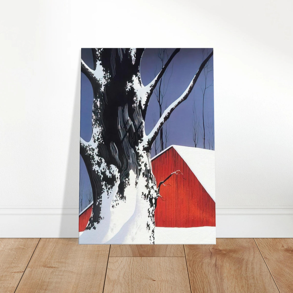 Red Barn and Tree Snow Canvas | Eyvind Earle Canvas | Eyvind Earle Prints