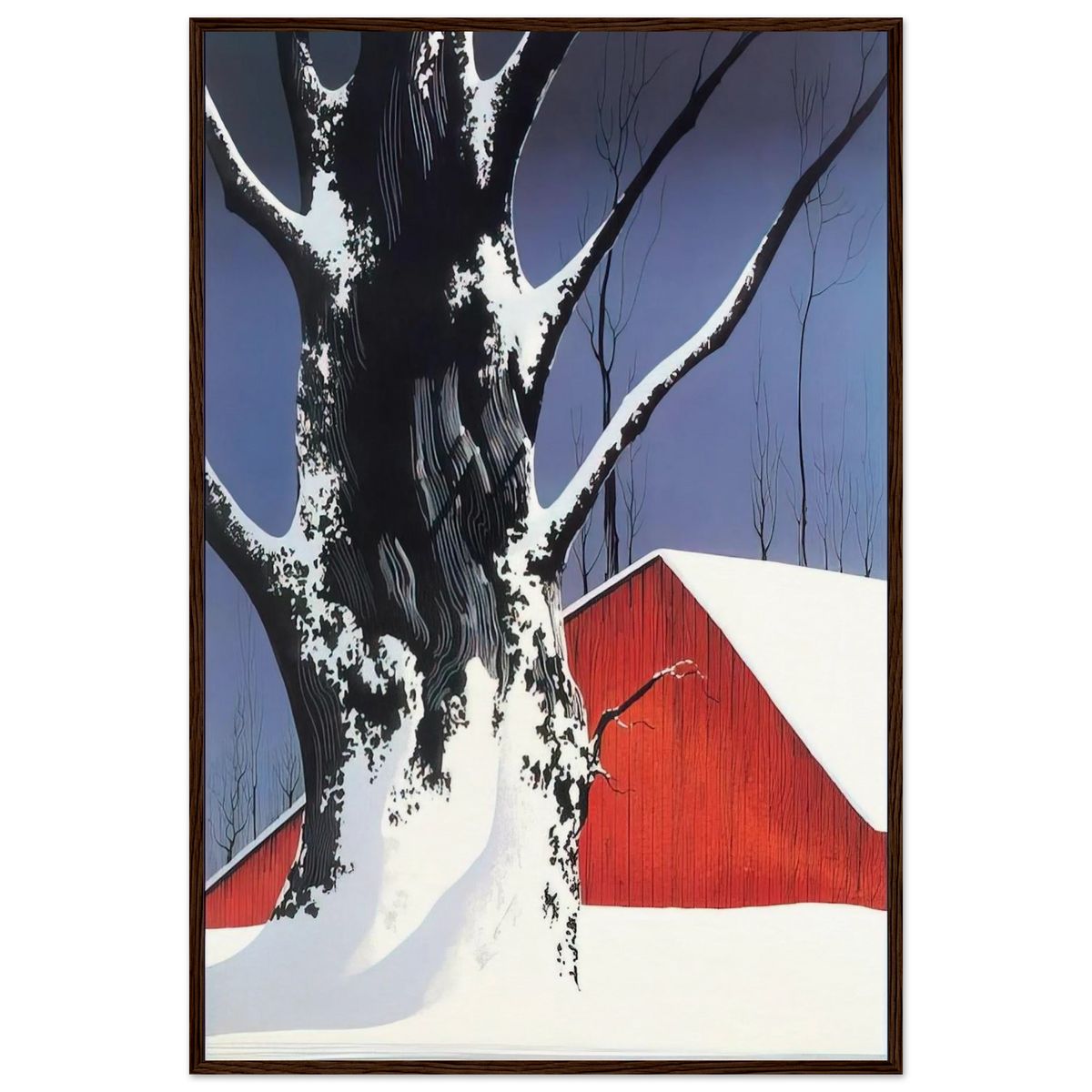 Red Barn and Tree Snow Framed Poster | Eyvind Earle Framed Prints Wall Art | Eyvind Earle Prints