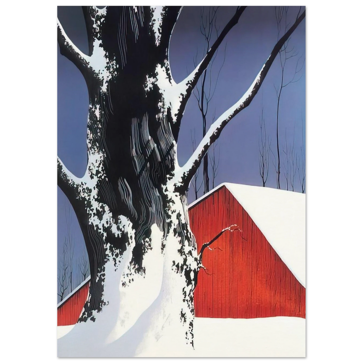 Red Barn and Tree Snow Poster | Eyvind Earle Poster | Eyvind Earle Prints