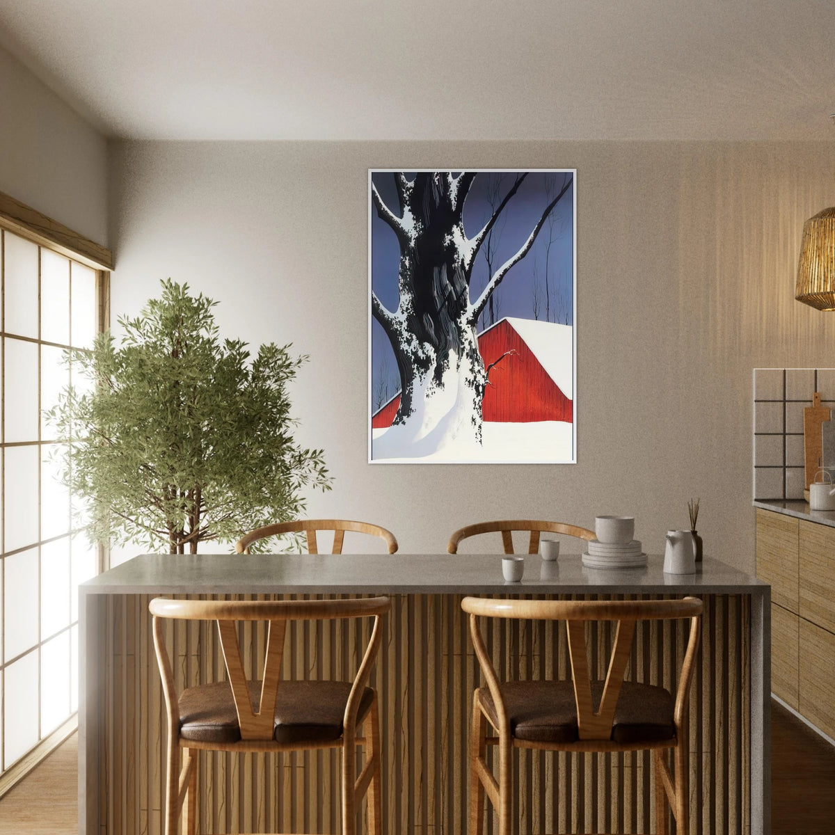 Red Barn and Tree Snow Framed Poster | Eyvind Earle Framed Prints Wall Art | Eyvind Earle Prints