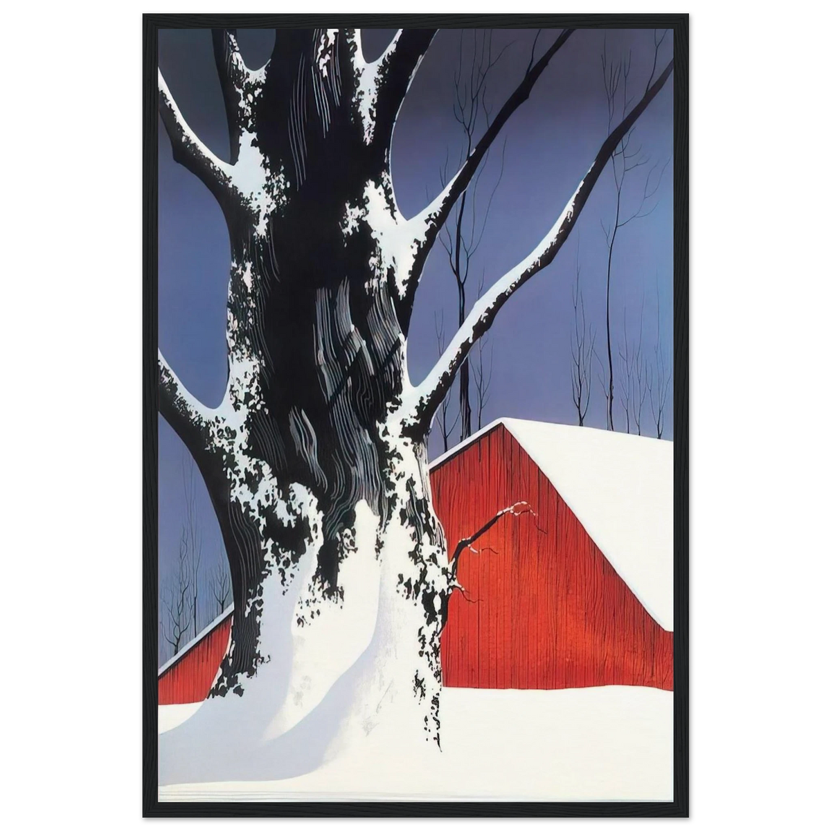 Red Barn and Tree Snow Framed Poster | Eyvind Earle Framed Prints Wall Art | Eyvind Earle Prints