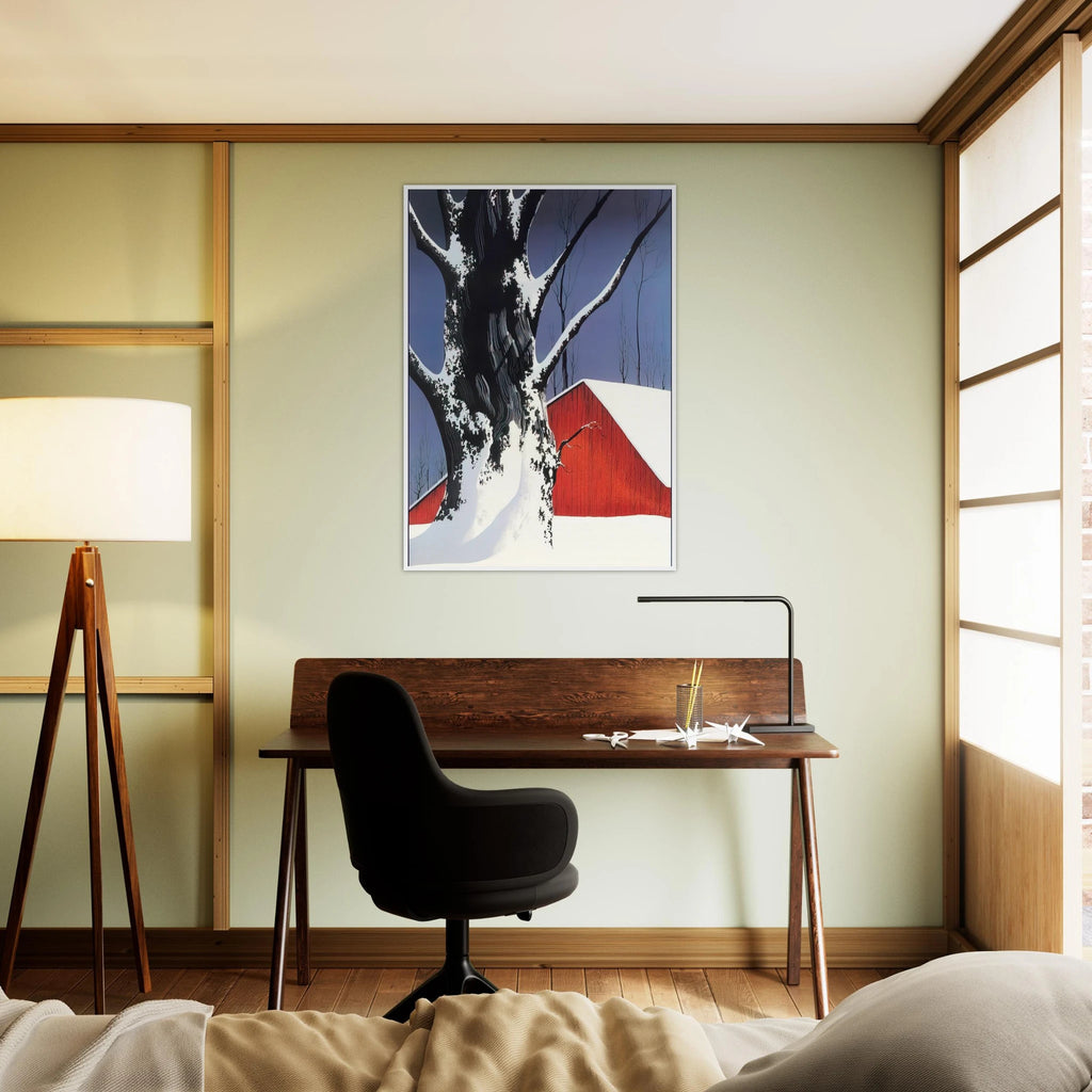 Red Barn and Tree Snow Framed Poster | Eyvind Earle Framed Prints Wall Art | Eyvind Earle Prints