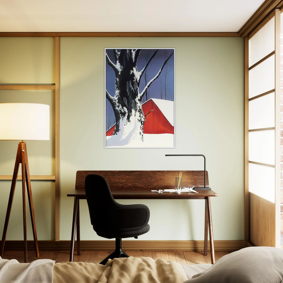 Red Barn and Tree Snow Framed Poster | Eyvind Earle Framed Prints Wall Art | Eyvind Earle Prints