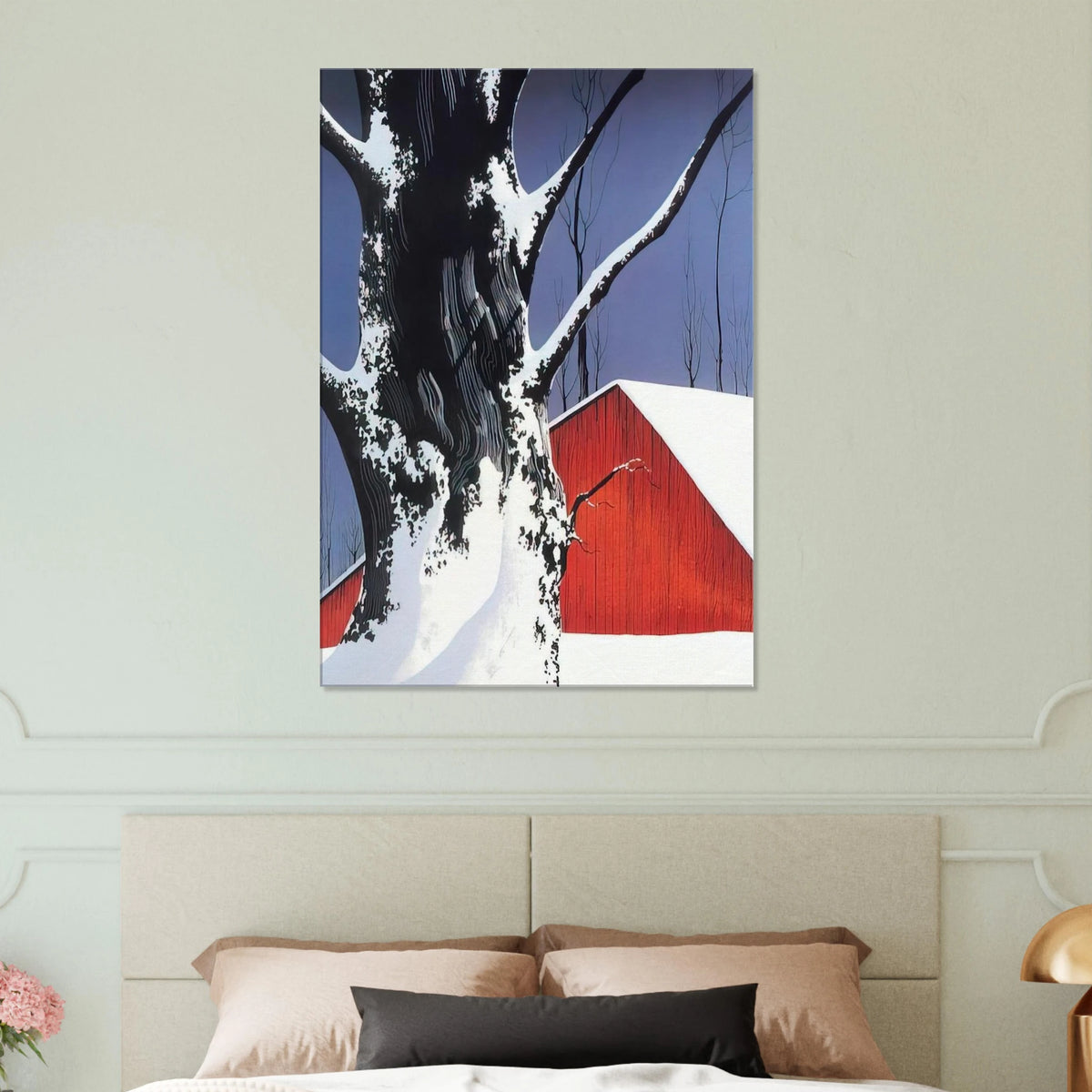Red Barn and Tree Snow Canvas | Eyvind Earle Canvas | Eyvind Earle Prints