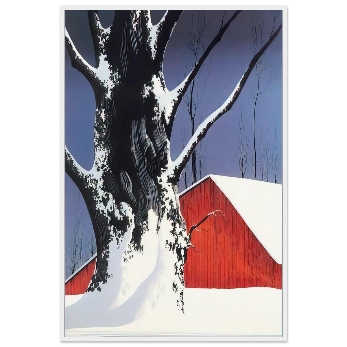 Red Barn and Tree Snow Framed Poster | Eyvind Earle Framed Prints Wall Art | Eyvind Earle Prints