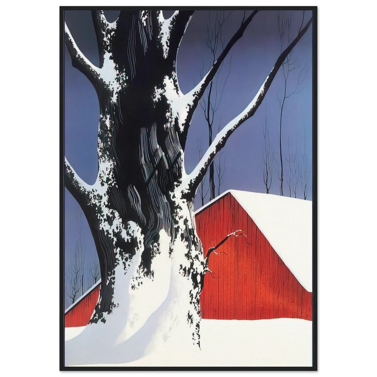 Red Barn and Tree Snow Framed Poster | Eyvind Earle Framed Prints Wall Art | Eyvind Earle Prints