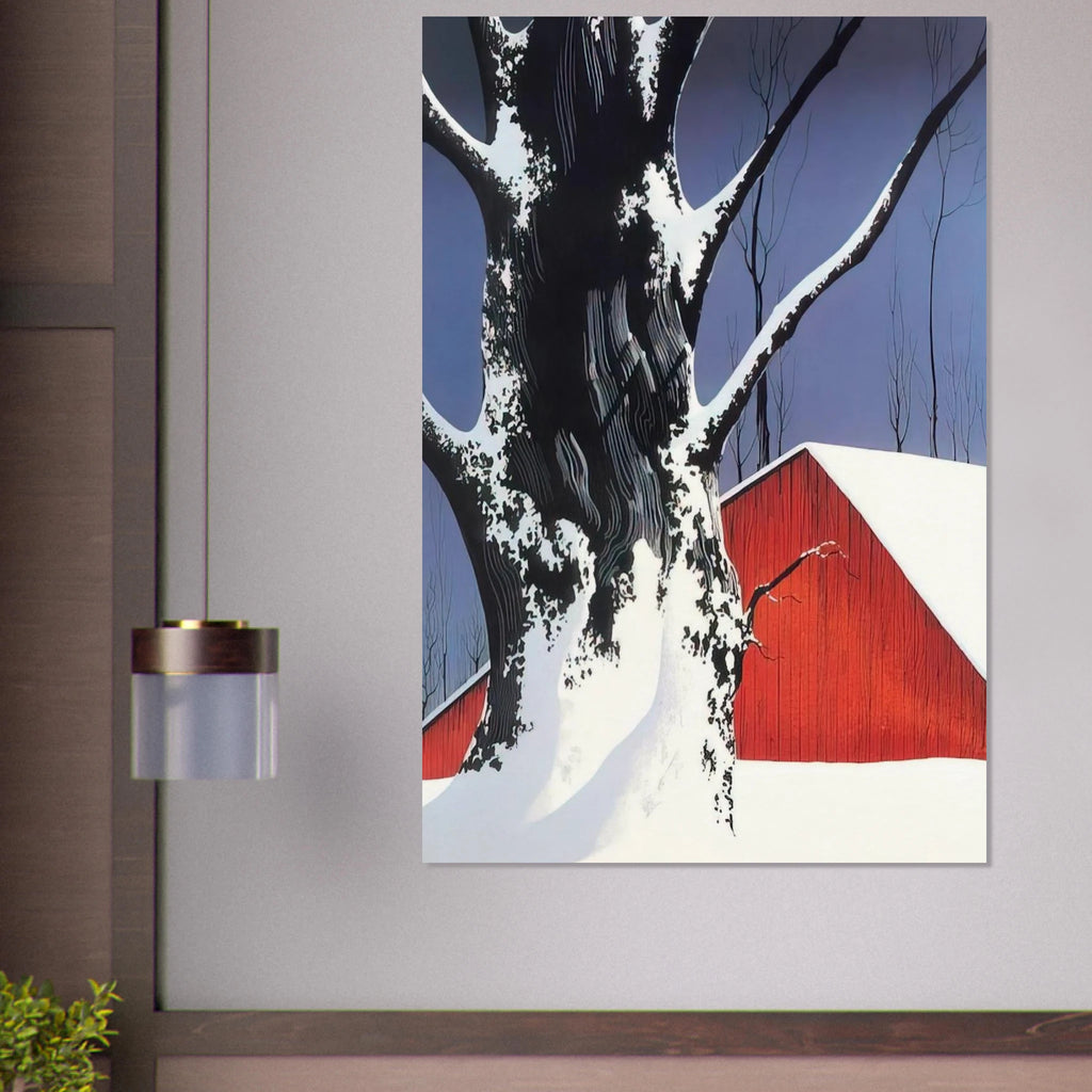 Red Barn and Tree Snow Poster | Eyvind Earle Poster | Eyvind Earle Prints