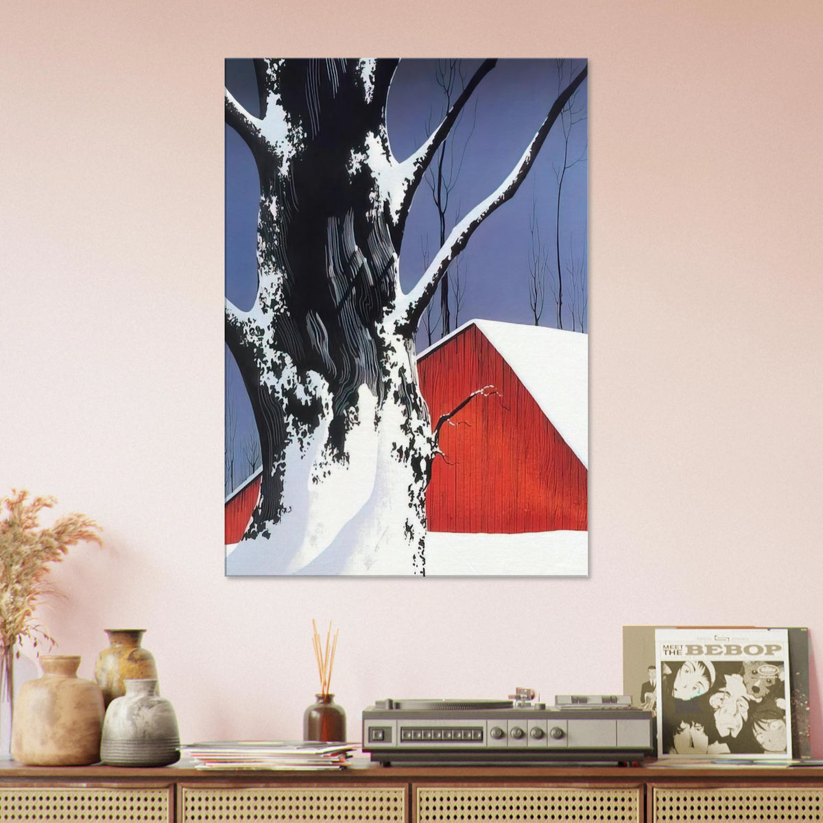 Red Barn and Tree Snow Canvas | Eyvind Earle Canvas | Eyvind Earle Prints
