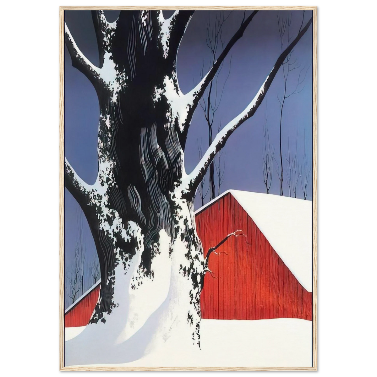 Red Barn and Tree Snow Framed Poster | Eyvind Earle Framed Prints Wall Art | Eyvind Earle Prints