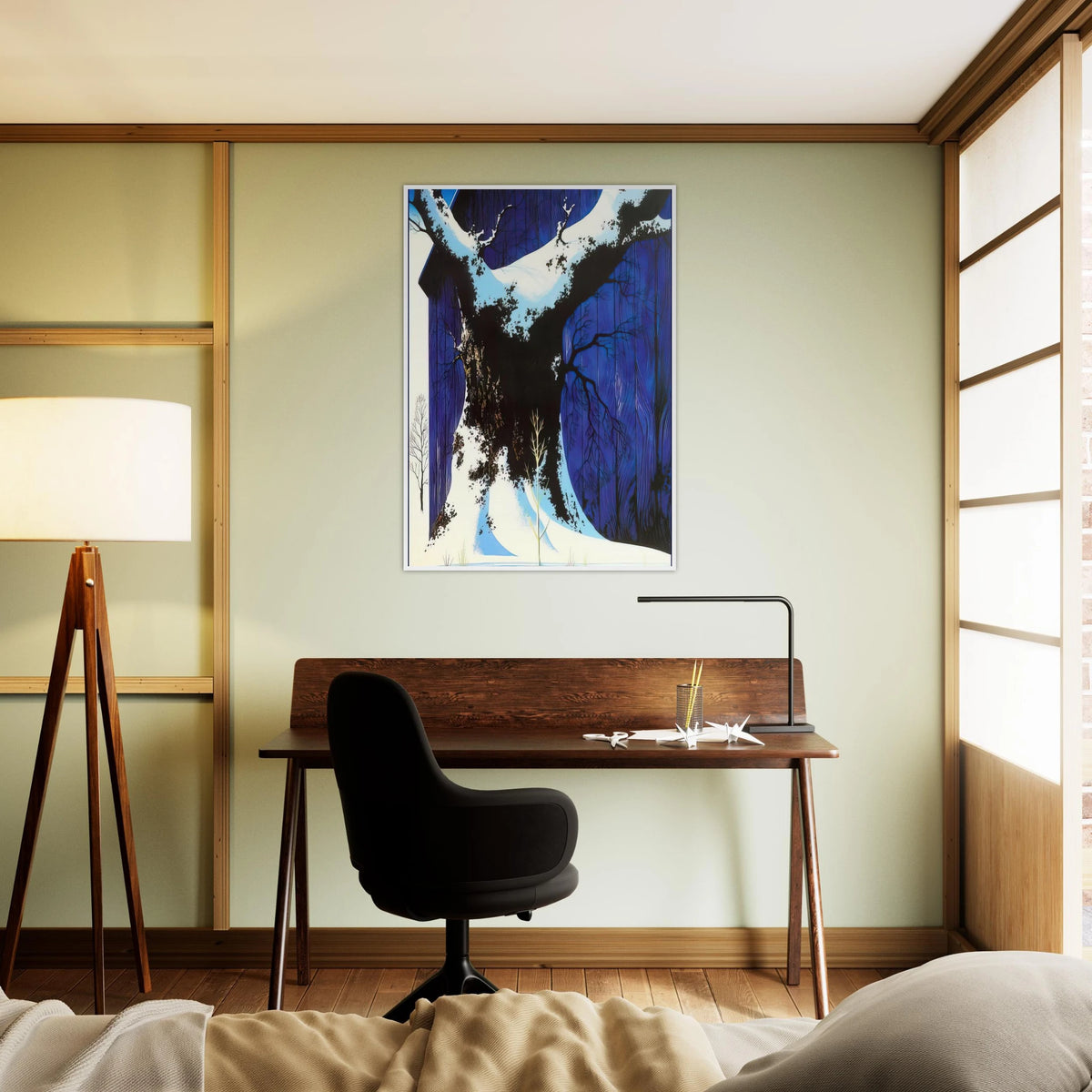 Blue Barn and Snow Framed Poster | Eyvind Earle Framed Prints Wall Art | Eyvind Earle Prints