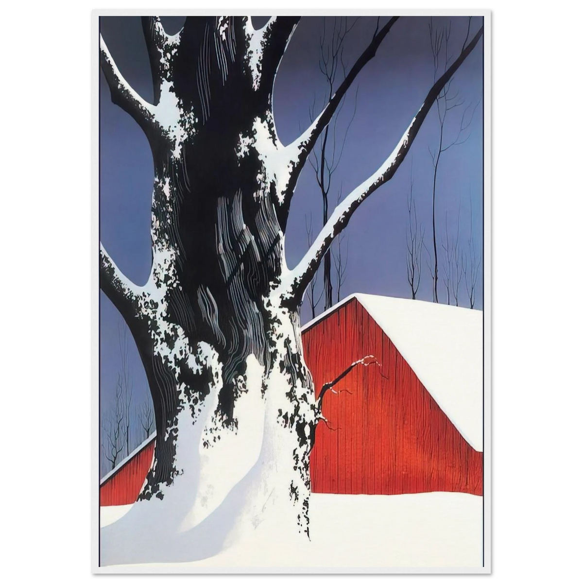 Red Barn and Tree Snow Framed Poster | Eyvind Earle Framed Prints Wall Art | Eyvind Earle Prints