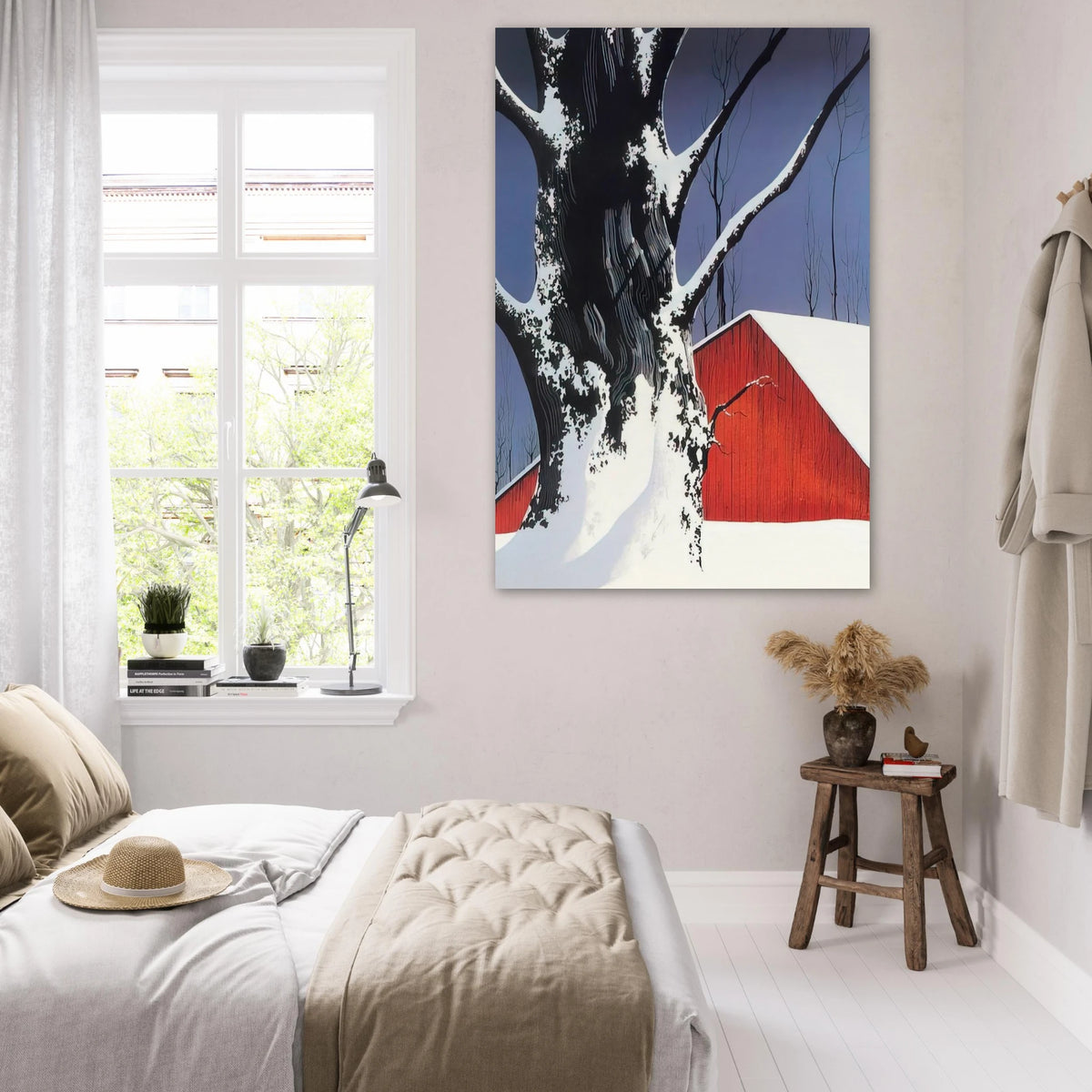Red Barn and Tree Snow Poster | Eyvind Earle Poster | Eyvind Earle Prints