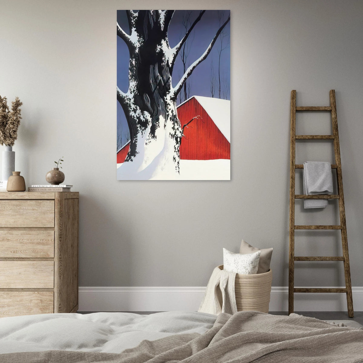 Red Barn and Tree Snow Poster | Eyvind Earle Poster | Eyvind Earle Prints