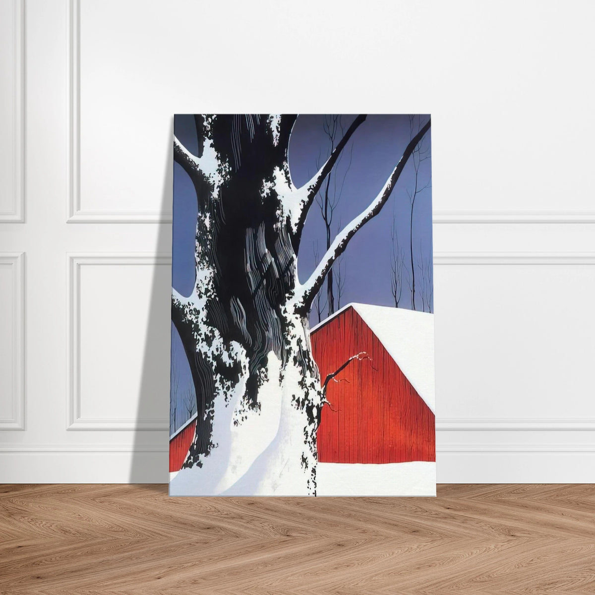 Red Barn and Tree Snow Canvas | Eyvind Earle Canvas | Eyvind Earle Prints